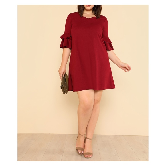 Burgundy Half Ruffle Sleeve Plus Size Shift Dress - Picture 5 of 6
